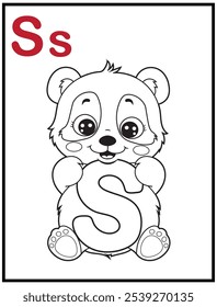 Learn the English alphabet and letters with a cute cartoon character. A printable kids' coloring page with a cute panda holding the letter S. Educational spelling coloring books for early learners.
