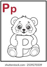 Learn the English alphabet and letters with a cute cartoon character. A printable kids' coloring page with a cute panda holding the letter P. Educational spelling coloring books for early learners.
