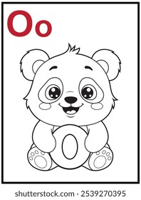 Learn the English alphabet and letters with a cute cartoon character. A printable kids' coloring page with a cute panda holding the letter O. Educational spelling coloring books for early learners.
