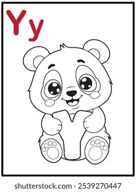 Learn the English alphabet and letters with a cute cartoon character. A printable kids' coloring page with a cute panda holding the letter Y. Educational spelling coloring books for early learners.
