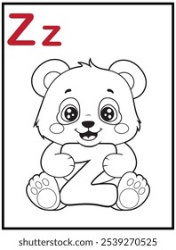 Learn the English alphabet and letters with a cute cartoon character. A printable kids' coloring page with a cute panda holding the letter Z. Educational spelling coloring books for early learners.
