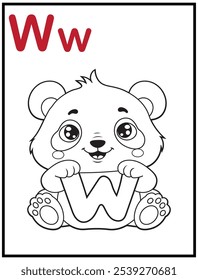 Learn the English alphabet and letters with a cute cartoon character. A printable kids' coloring page with a cute panda holding the letter W. Educational spelling coloring books for early learners.
