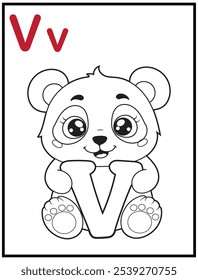 Learn the English alphabet and letters with a cute cartoon character. A printable kids' coloring page with a cute panda holding the letter V. Educational spelling coloring books for early learners.
