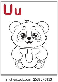 Lernen Sie das englische Alphabet und Buchstaben mit einem niedlichen Cartoon-Charakter. Eine druckbare Malvorlage für Kinder mit einem niedlichen Panda, der den Buchstaben U hält. Lehre Rechtschreibung Malbücher für frühe Lernende.
