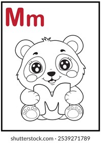 Learn the English alphabet and letters with a cute cartoon character. A printable kids' coloring page with a cute panda holding the letter M. Educational spelling coloring books for early learners.
