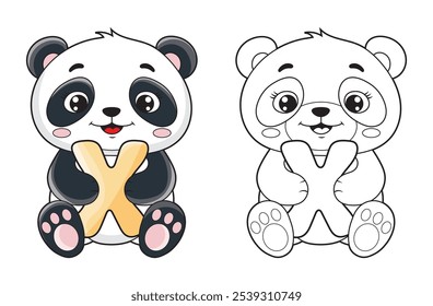 Learn the English alphabet and letters with a cute cartoon character. A printable kids' coloring page with a cute panda holding the letter X. Educational spelling coloring books for early learners.
