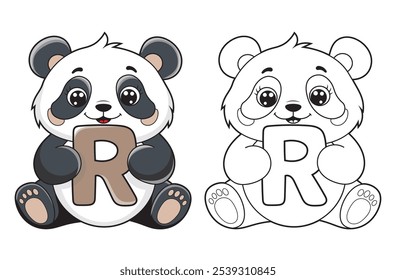 Aprende el alfabeto inglés y las letras con un personaje de dibujos animados lindo. Una página para colorear para niños imprimible con un panda lindo que sostiene la letra R. Libros para colorear de ortografía educativa para los primeros alumnos.
