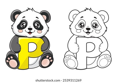 Learn the English alphabet and letters with a cute cartoon character. A printable kids' coloring page with a cute panda holding the letter P. Educational spelling coloring books for early learners.
