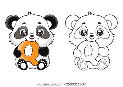 Aprenda o alfabeto inglês e letras com um personagem de desenho animado bonito. Uma página para colorir de crianças imprimível com um panda bonito segurando a letra Q. Livros de colorir ortografia educacional para os primeiros alunos.
