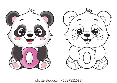 Learn the English alphabet and letters with a cute cartoon character. A printable kids' coloring page with a cute panda holding the letter O. Educational spelling coloring books for early learners.
