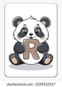 Aprenda o alfabeto inglês e letras com um personagem de desenho animado bonito. Um panda bonito segurando a letra R. Um cartão de impressão.
