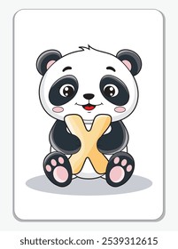 Learn the English alphabet and letters with a cute cartoon character. A cute panda holding the letter X. A printable flashcard.
