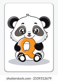 Learn the English alphabet and letters with a cute cartoon character. A cute panda holding the letter Q. A printable flashcard.
