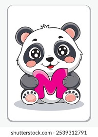 Learn the English alphabet and letters with a cute cartoon character. A cute panda holding the letter M. A printable flashcard.
