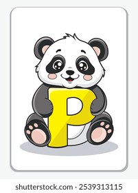 Aprenda o alfabeto inglês e letras com um personagem de desenho animado bonito. Um panda bonito segurando a letra P. Um cartão de impressão.
