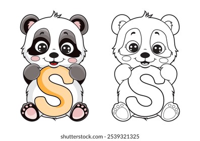 Learn the English alphabet and letters with a cute cartoon character. A printable kids' coloring page with a cute panda holding the letter S. Educational spelling coloring books for early learners.
