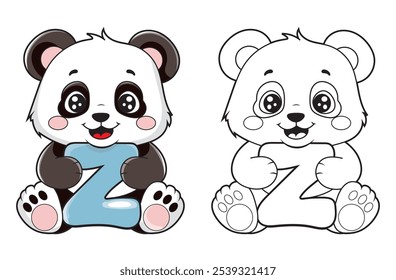 Learn the English alphabet and letters with a cute cartoon character. A printable kids' coloring page with a cute panda holding the letter Z. Educational spelling coloring books for early learners.
