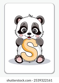 Aprenda o alfabeto inglês e letras com um personagem de desenho animado bonito. Um panda bonito segurando a letra C. Um cartão de impressão.
