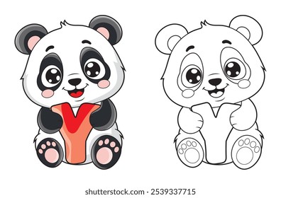 Learn the English alphabet and letters with a cute cartoon character. A printable kids' coloring page with a cute panda holding the letter Y. Educational spelling coloring books for early learners.
