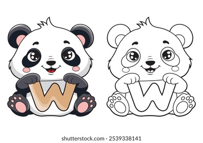 Aprende el alfabeto inglés y las letras con un personaje de dibujos animados lindo. Una página para colorear para niños imprimible con un panda lindo que sostiene la letra W. Libros para colorear de ortografía educativa para los primeros alumnos.
