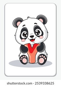 Aprenda o alfabeto inglês e letras com um personagem de desenho animado bonito. Um panda bonito segurando a letra Y. Um cartão de impressão.
