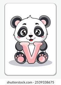 Learn the English alphabet and letters with a cute cartoon character. A cute panda holding the letter V. A printable flashcard.
