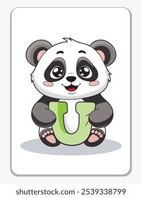 Learn the English alphabet and letters with a cute cartoon character. A cute panda holding the letter U. A printable flashcard.
