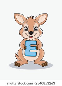 Aprende el alfabeto inglés y las letras con un personaje de dibujos animados lindo. Un canguro lindo que sostiene la letra E. ABC letras flashcards para los primeros alumnos.
