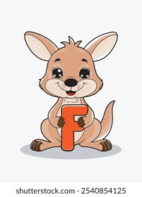 Aprende el alfabeto inglés y las letras con un personaje de dibujos animados lindo. Un canguro lindo que sostiene la letra F. ABC letras flashcards para los primeros alumnos.
