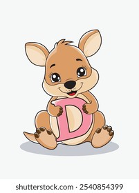 Aprende el alfabeto inglés y las letras con un personaje de dibujos animados lindo. Un canguro lindo que sostiene la letra D. ABC letras flashcards para los primeros alumnos.
