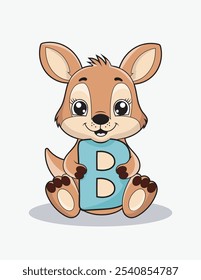 Aprende el alfabeto inglés y las letras con un personaje de dibujos animados lindo. Un canguro lindo que sostiene la letra B. ABC letras tarjetas para los primeros alumnos.
