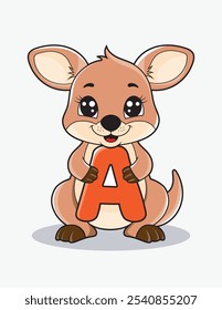 Aprende el alfabeto inglés y las letras con un personaje de dibujos animados lindo. Un canguro lindo que sostiene la letra A. ABC letras flashcards para los primeros alumnos.
