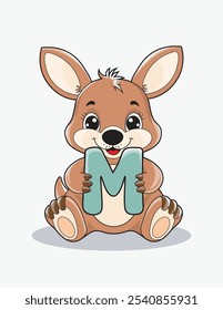 Aprende el alfabeto inglés y las letras con un personaje de dibujos animados lindo. Un canguro lindo que sostiene la letra M. ABC letras flashcards para los primeros alumnos.
