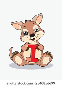 Aprende el alfabeto inglés y las letras con un personaje de dibujos animados lindo. Un canguro lindo que sostiene la letra I. ABC letras flashcards para los primeros alumnos.
