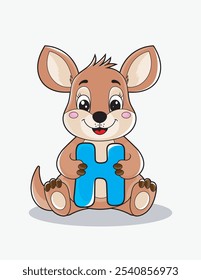 Aprende el alfabeto inglés y las letras con un personaje de dibujos animados lindo. Un canguro lindo que sostiene la letra H. ABC letras flashcards para los primeros alumnos.
