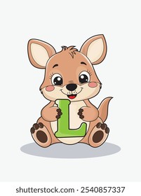 Aprende el alfabeto inglés y las letras con un personaje de dibujos animados lindo. Un canguro lindo que sostiene la letra L. ABC letras flashcards para los primeros alumnos.
