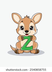 Learn the English alphabet and letters with a cute cartoon character. A cute kangaroo holding the letter Z.  ABC letters flashcards for early learners.
