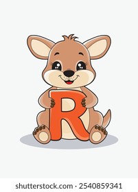 Aprende el alfabeto inglés y las letras con un personaje de dibujos animados lindo. Un canguro lindo que sostiene la letra R. ABC letras flashcards para los primeros alumnos.
