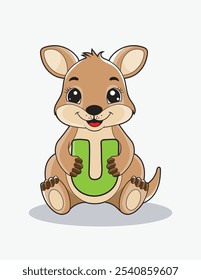 Aprende el alfabeto inglés y las letras con un personaje de dibujos animados lindo. Un canguro lindo que sostiene la letra U. ABC letras flashcards para los primeros alumnos.
