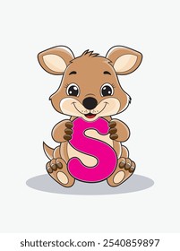 Aprende el alfabeto inglés y las letras con un personaje de dibujos animados lindo. Un canguro lindo que sostiene la letra S. ABC letras flashcards para los primeros alumnos.
