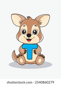 Aprende el alfabeto inglés y las letras con un personaje de dibujos animados lindo. Un canguro lindo que sostiene la letra T. ABC letras flashcards para los primeros alumnos.
