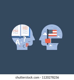 Learn English, american flag and pencil, education program, international student exchange, linguistic, vector icon, flat illustration