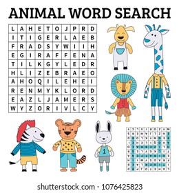 Learn English with an animal word search game for kids. Vector illustration. 
