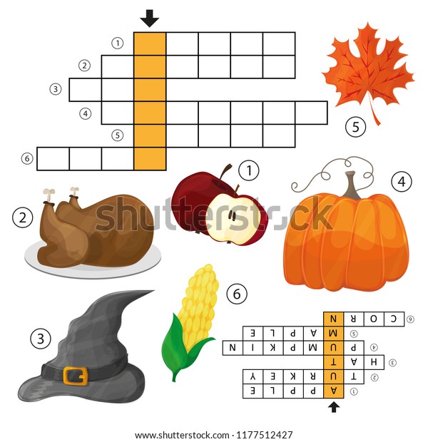 秋の子ども向けクロスワードゲームで英語を学ぶ ベクターイラスト ハロウィーンと感謝祭のテーマ のベクター画像素材 ロイヤリティフリー