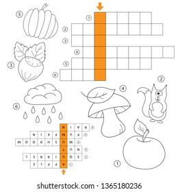 Learn English - autumn word game for kids. Vector. Crossword for kids. Task and answer. Coloring book for children of preschool and school age