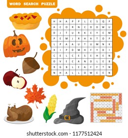 Learn English with an autumn word search game for kids. Vector illustration. Halloween and Thanksgiving theme