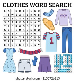 Learn English with a clothes word search game for kids. Vector illustration.