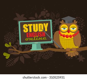Learn english concept. Clever owl on the tree as a teacher.Vector illustration.