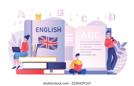 Aprender el concepto de inglés. Hombres y mujeres cerca de los libros, la educación, el aprendizaje y la capacitación. Comunicación e interacción internacionales. Afiche o cartel para el sitio web. Dibujo vectorial plano de dibujos animados