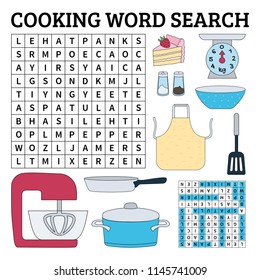 Learn English with a cooking word search game for kids. Vector illustration.